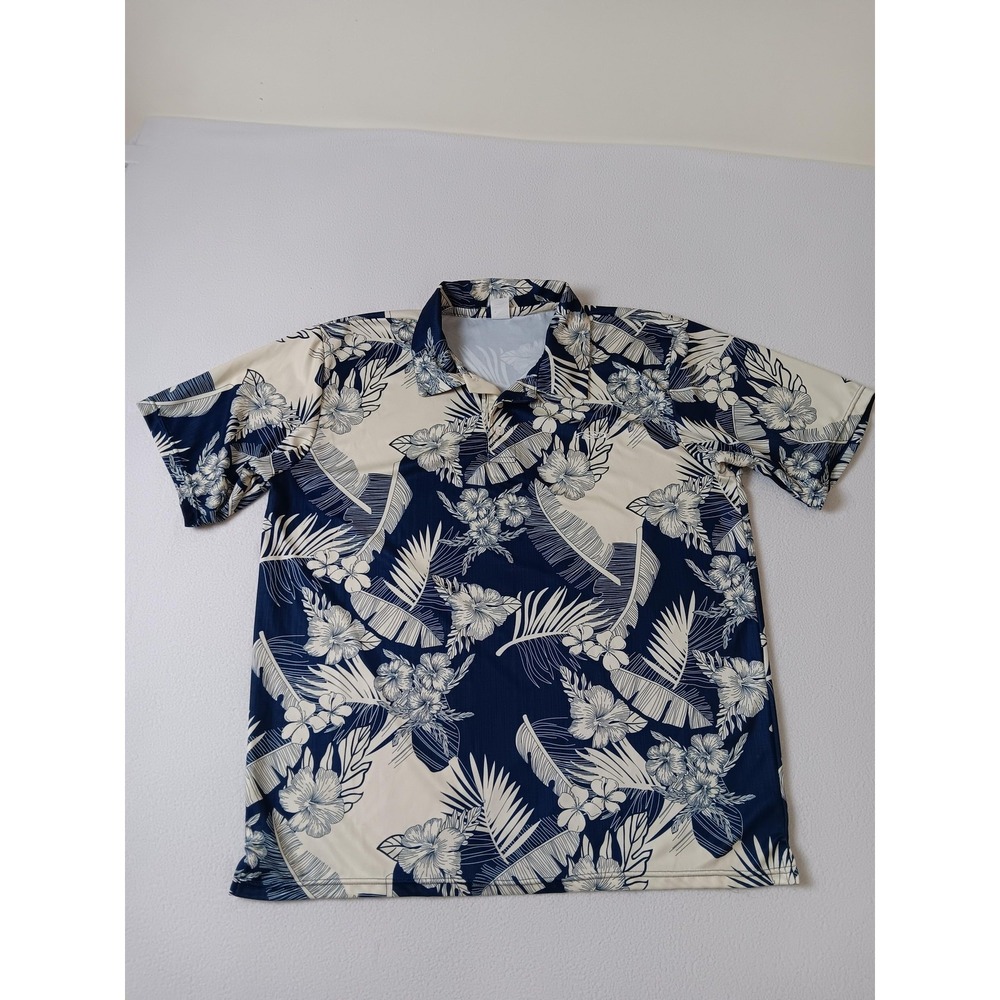 Palmwave Hawaii Mens Size L Blue Floral Short Sleeve Button-Up Polyester Shirt